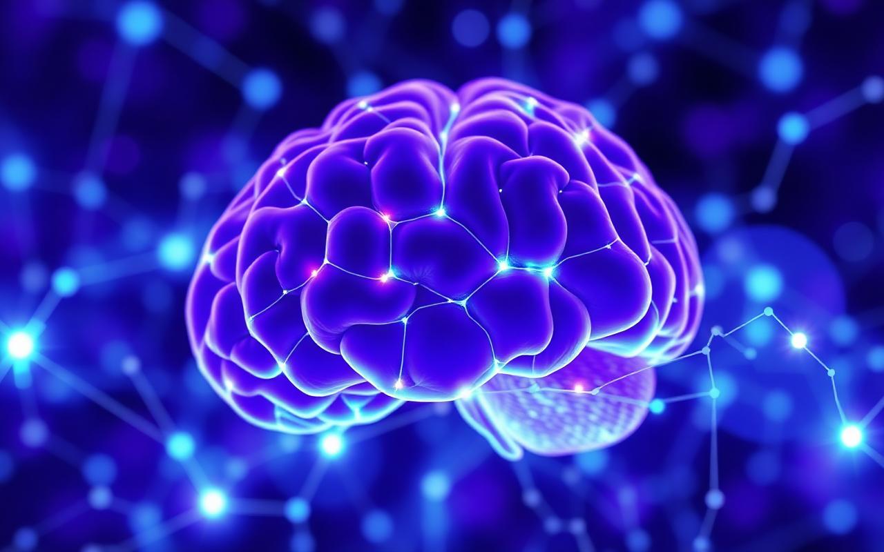 Abstract neural network of luminous synapses across a brain silhouette, depicting deep-sleep cognitive clearance.