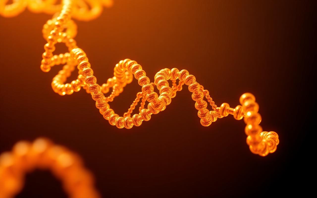 Macro rendering of a translucent peptide chain folding over a cellular background, illustrating MOTS-c signaling.