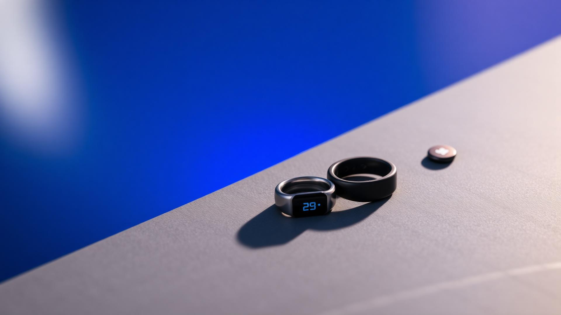 Editorial still life of a smart ring and minimal health sensors on a brushed surface lit by deep blue side light.